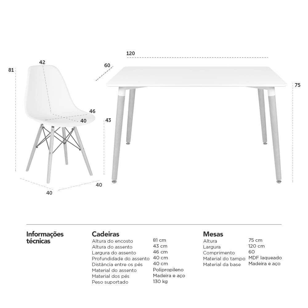 Mesa retangular Eames 60 x 120 cm Branco + 2 cadeiras Eiffel DSW - Nude Mesa retangular Eames 60 x 120 cm Branco + 2 cadeiras Eiffel DSW - Nude