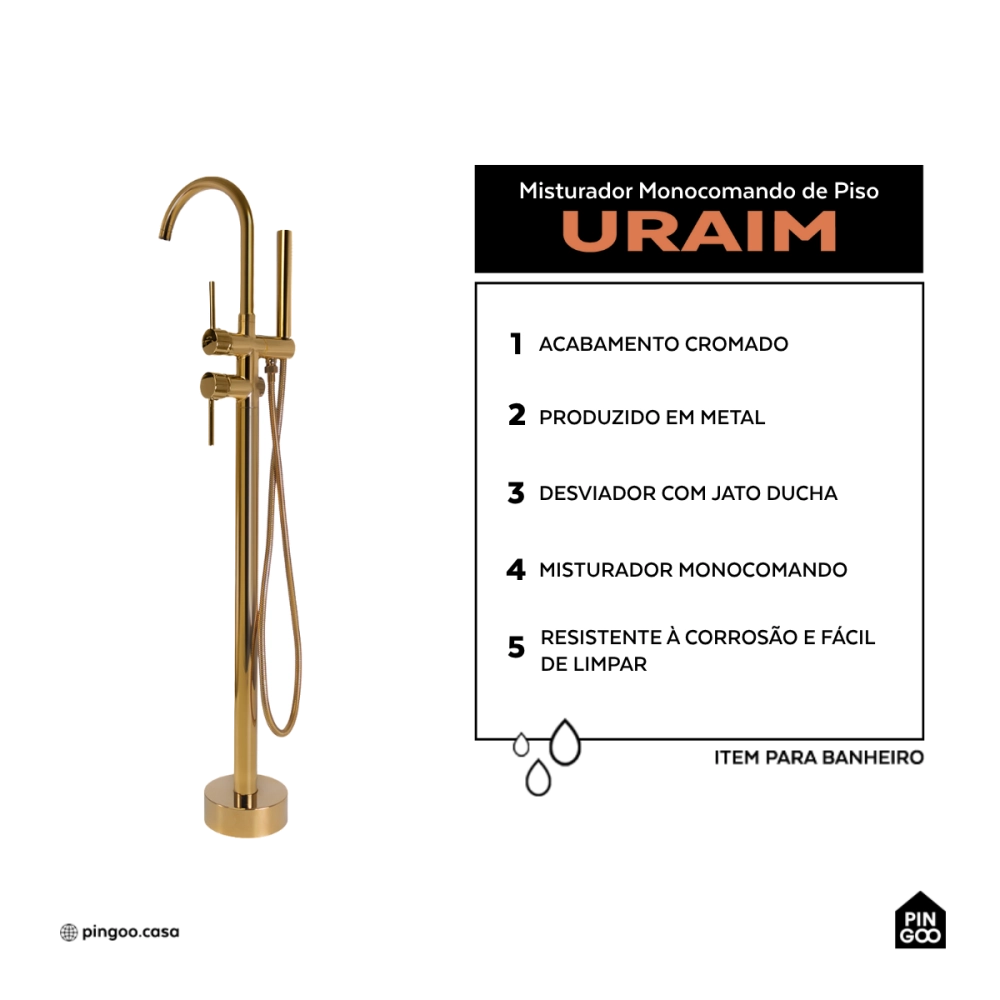 Misturador Monocomando de Piso para Banheira Uraim Dourado Cromado