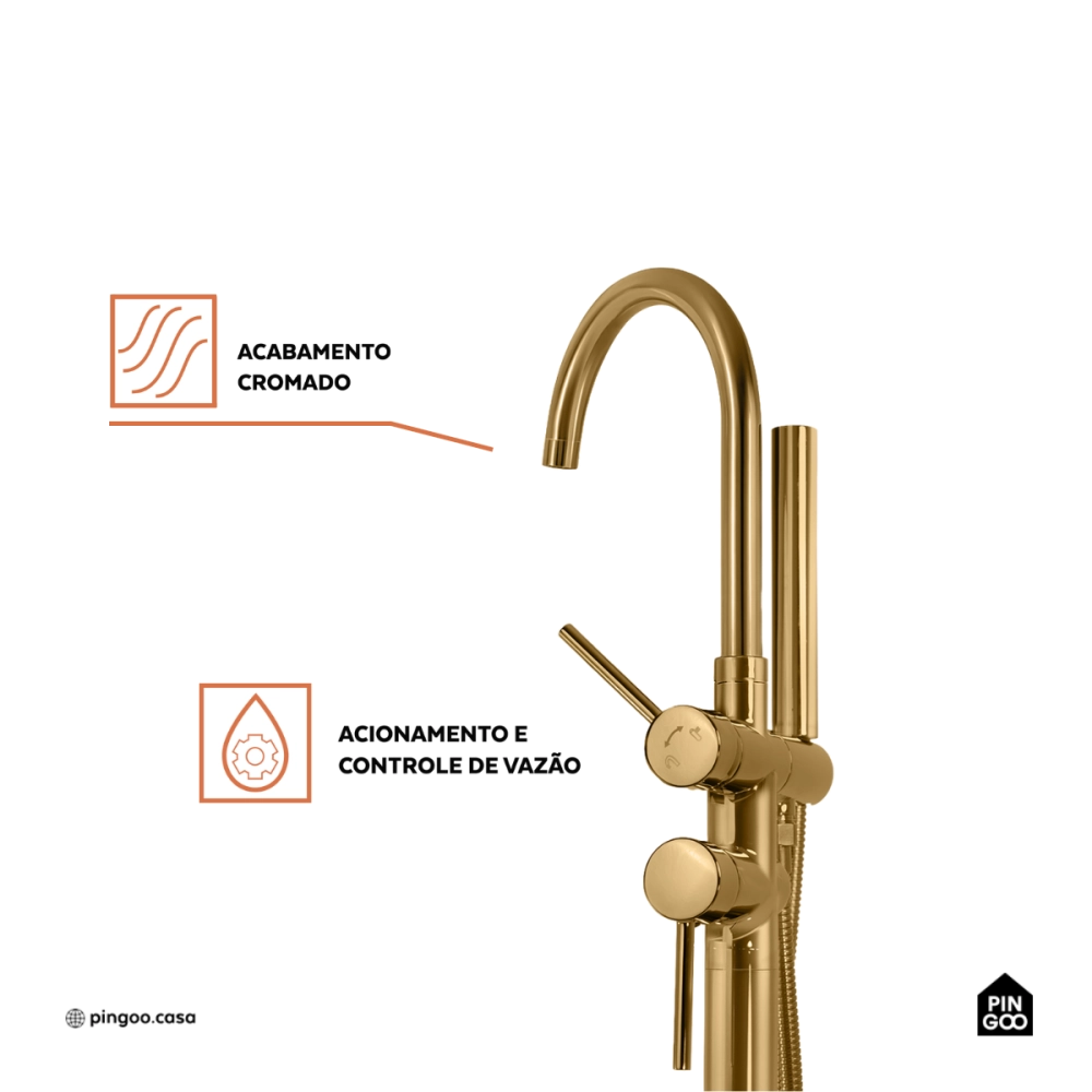Misturador Monocomando de Piso para Banheira Uraim Dourado Cromado