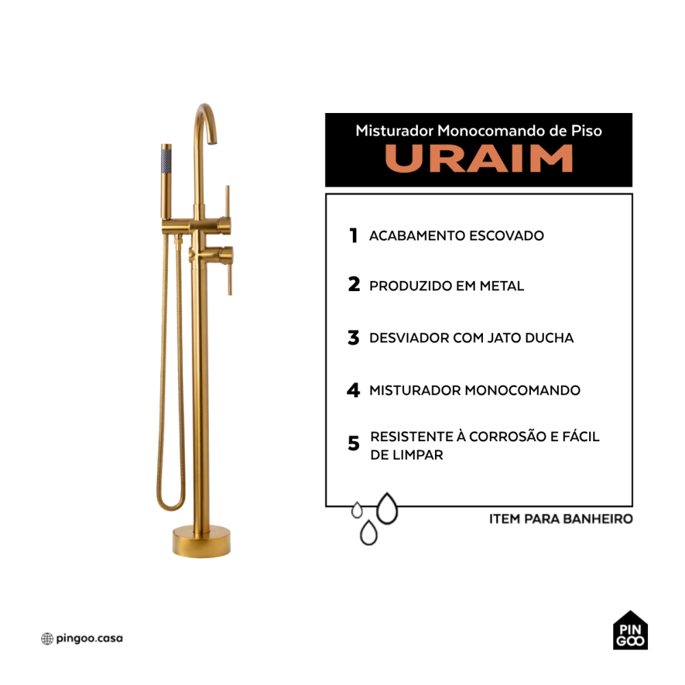 Misturador Monocomando de Piso para Banheira Uraim Dourado Escovado