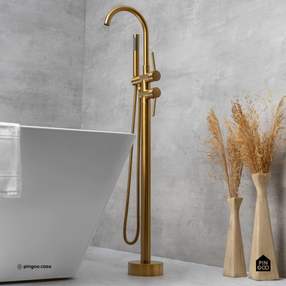 Misturador Monocomando de Piso para Banheira Uraim Dourado Escovado