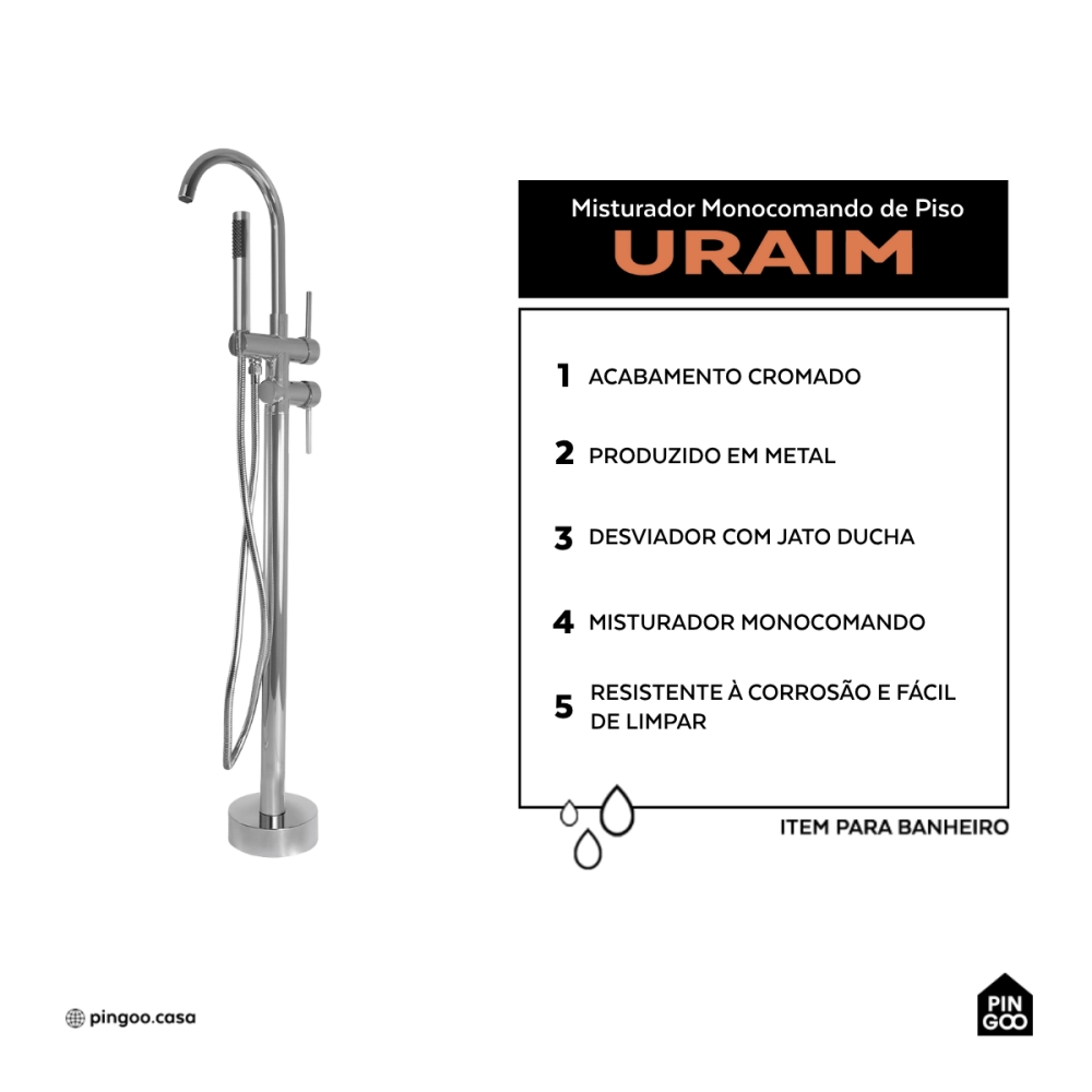 Misturador Monocomando de Piso para Banheira Uraim Prata