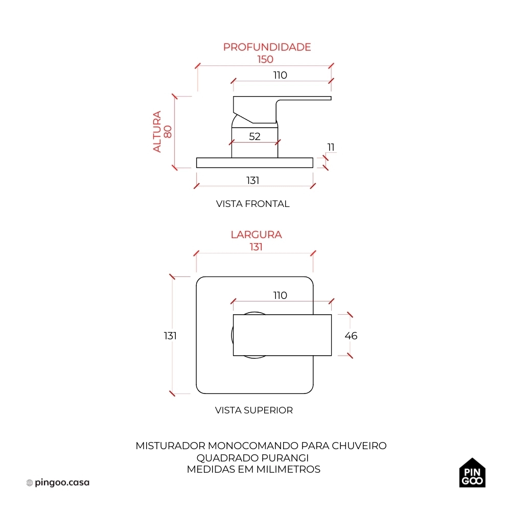 Acabamento de Misturador Monocomando para Chuveiro Quadrado Purangi Pingoo.casa - Prata