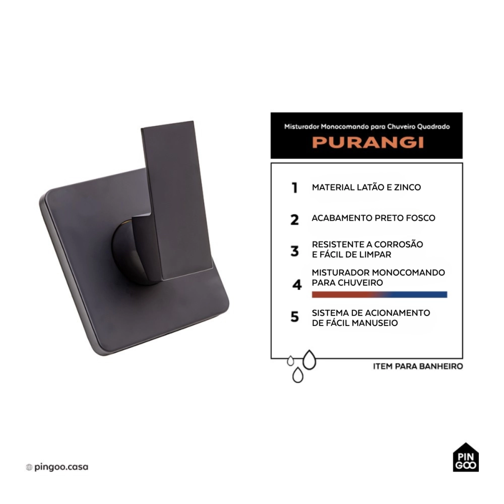 Misturador Monocomando para Chuveiro Quadrado Purangi - Preto