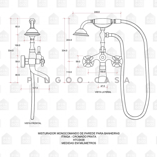 Misturador Duplo Comando de Parede para Banheira Retrô Vintage Itinga Preto
