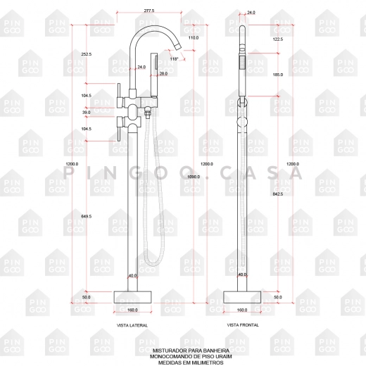 Misturador Monocomando de Piso para Banheira Uraim Dourado Misturador Monocomando de Piso para Banheira Uraim Dourado