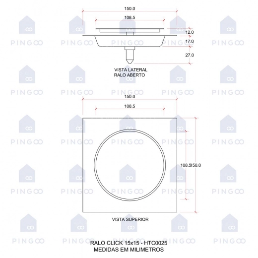 Ralo Click Up Quadrado para Chão 15cm Inox Prata