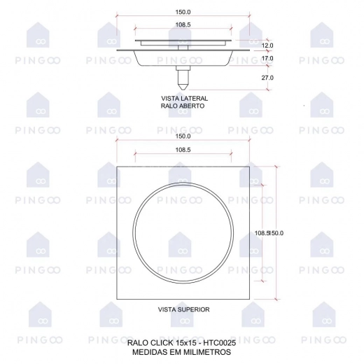 Ralo Click Up Quadrado para Chão 15cm Inox Dourado