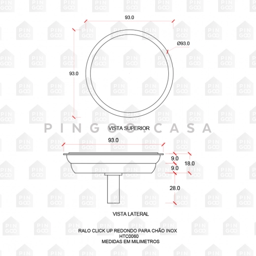 Ralo Click Up Redondo para Chão 10cm Inox Prata