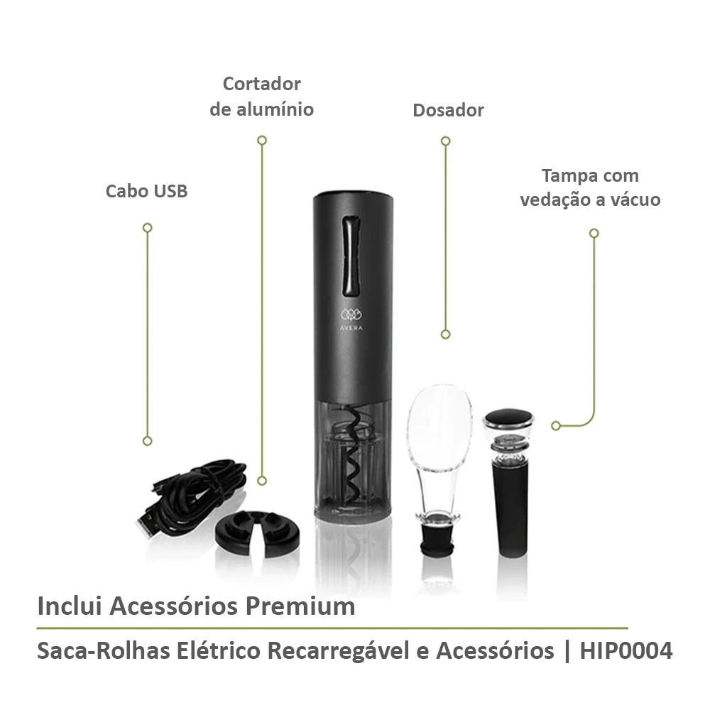 Saca Rolha Elétrico Recarregável USB com Acessórios Avera