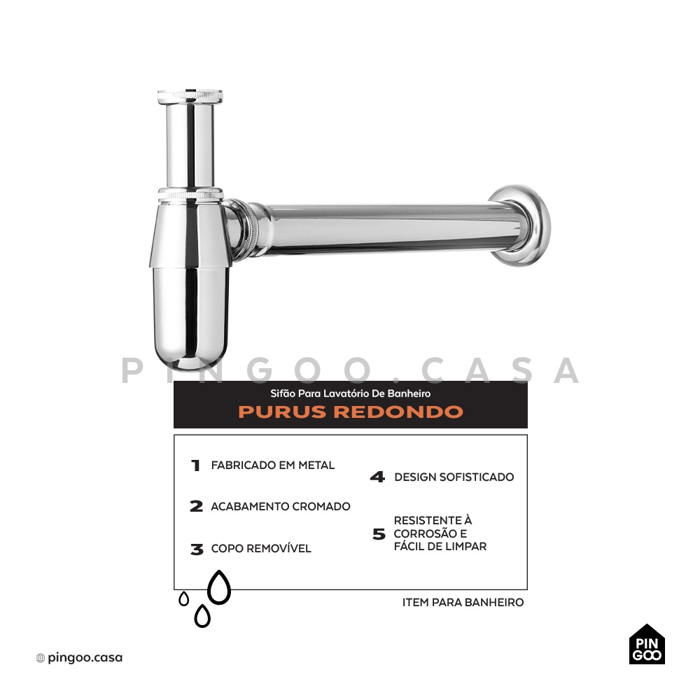 Sifão Para Lavatório de Banheiro Redondo Purus Prata