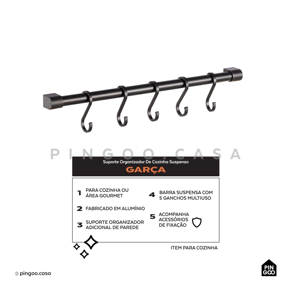 Suporte Organizador De Cozinha Suspenso Garça Preto