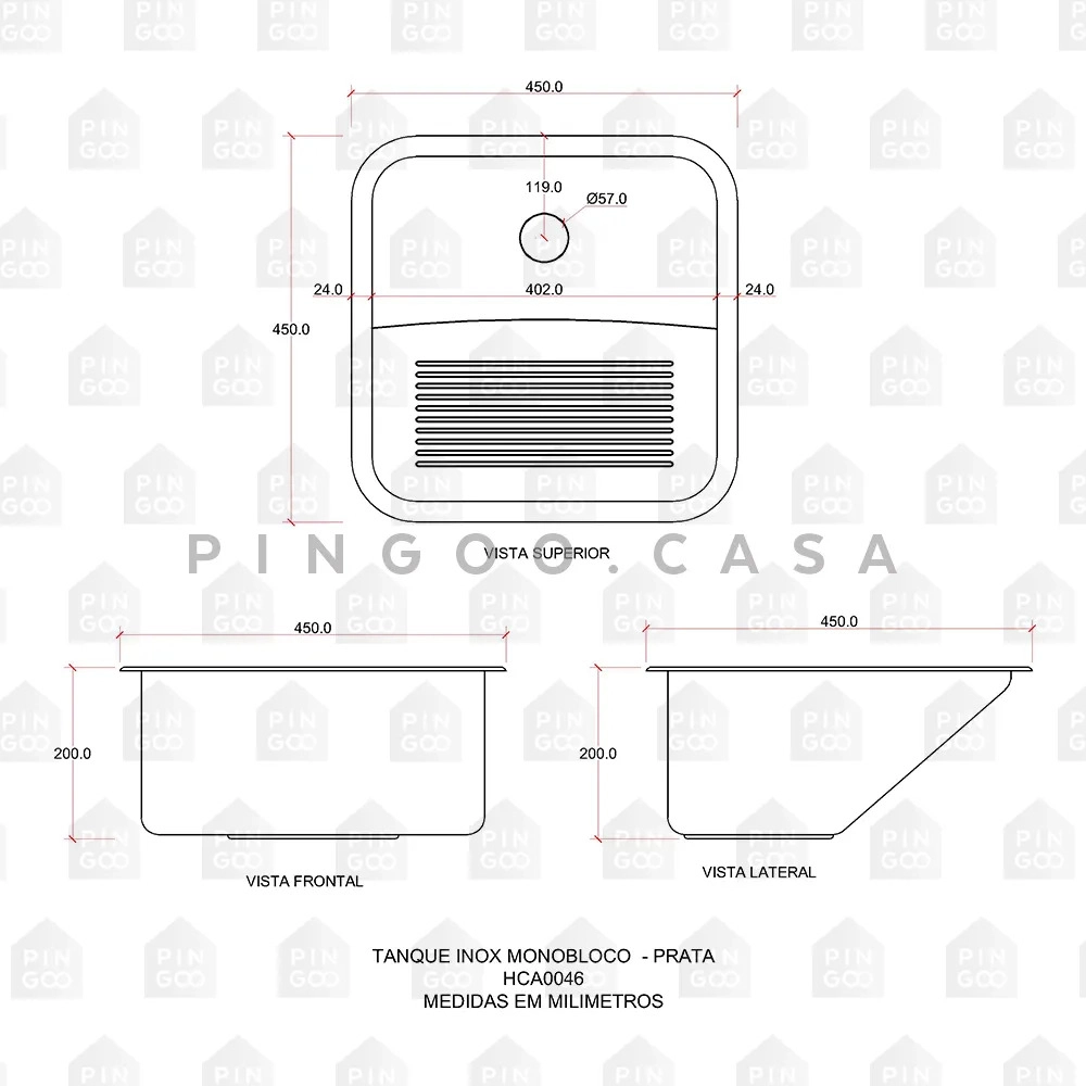 Tanque Aço Inox Monobloco 45 cm Atikum Prata Cromado