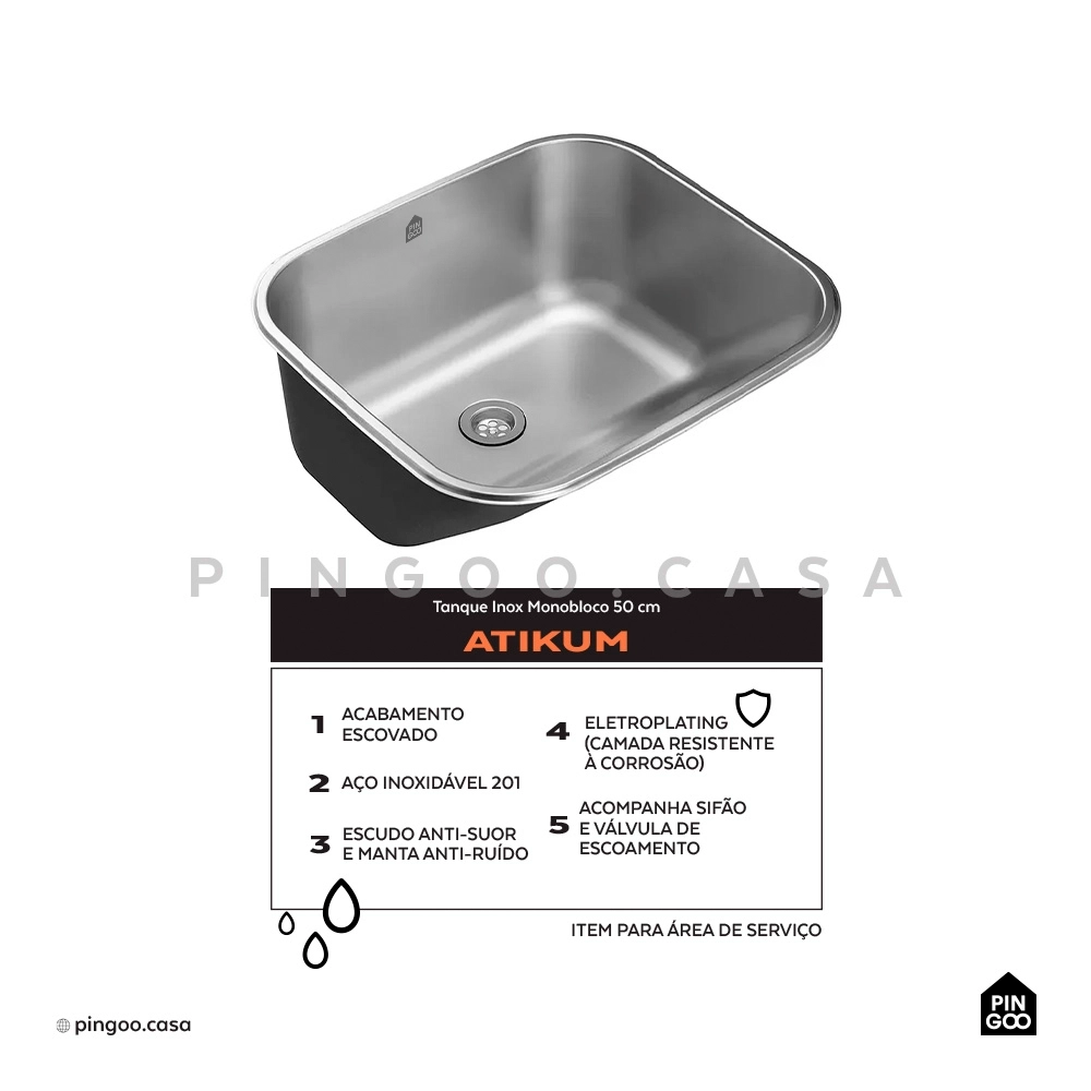 Tanque Aço Inox Monobloco 50 cm Atikum Prata Escovado
