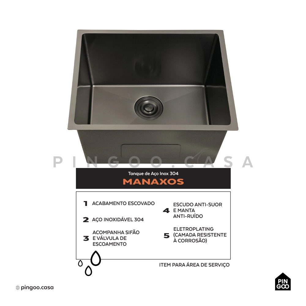 Tanque de Aço Inox 304 Manaxos 54x44 Preto