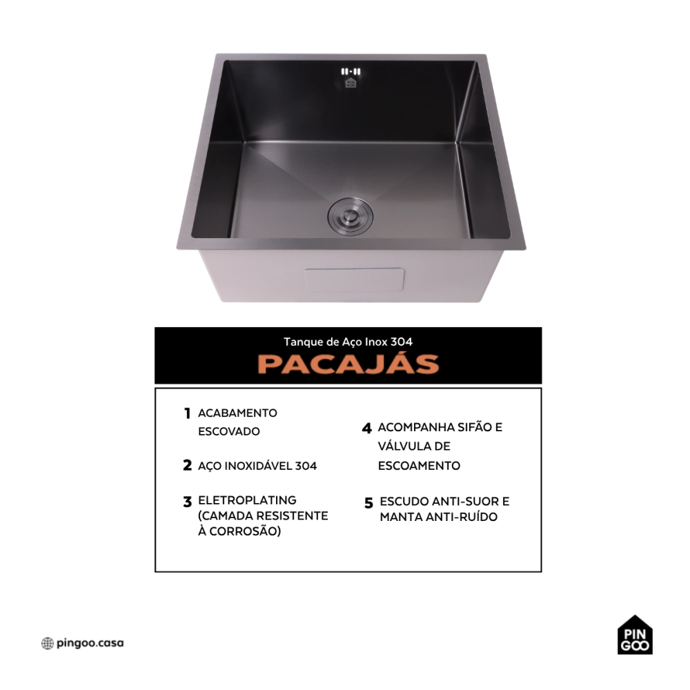 Tanque de Aço Inox 304 Pacajás 64x54 cm Preto