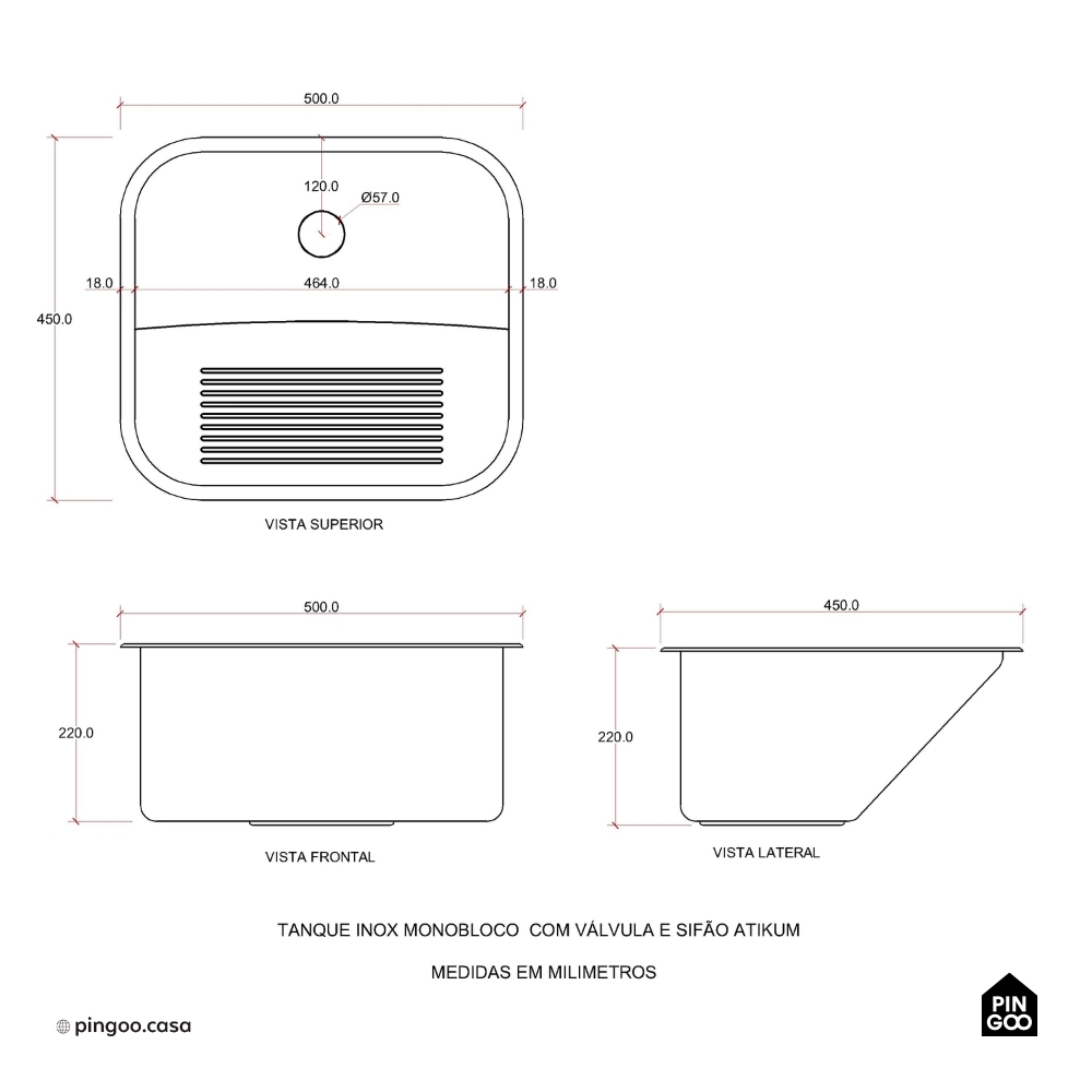 Tanque Inox Monobloco Texturizado 45x45 cm Prata Atikum
