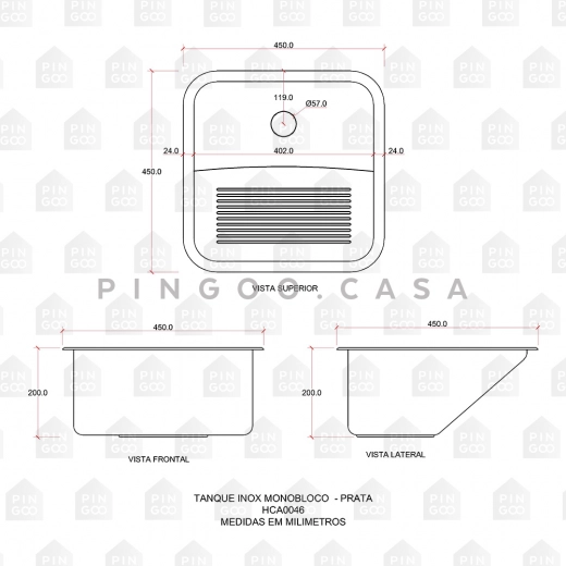 Tanque Aço Inox Monobloco 45 cm Atikum Prata Escovado