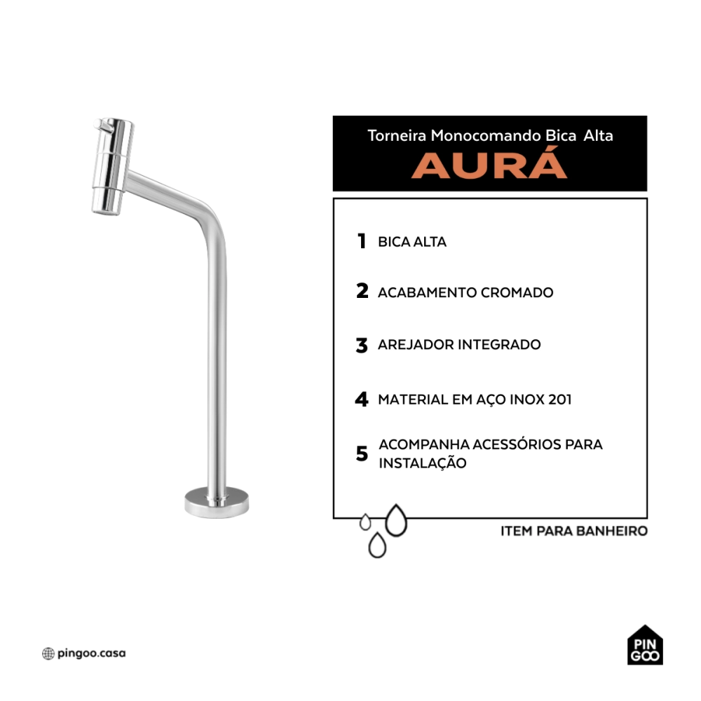 Torneira de banheiro monocomando alta Aurá Pingoo.casa - Prata 