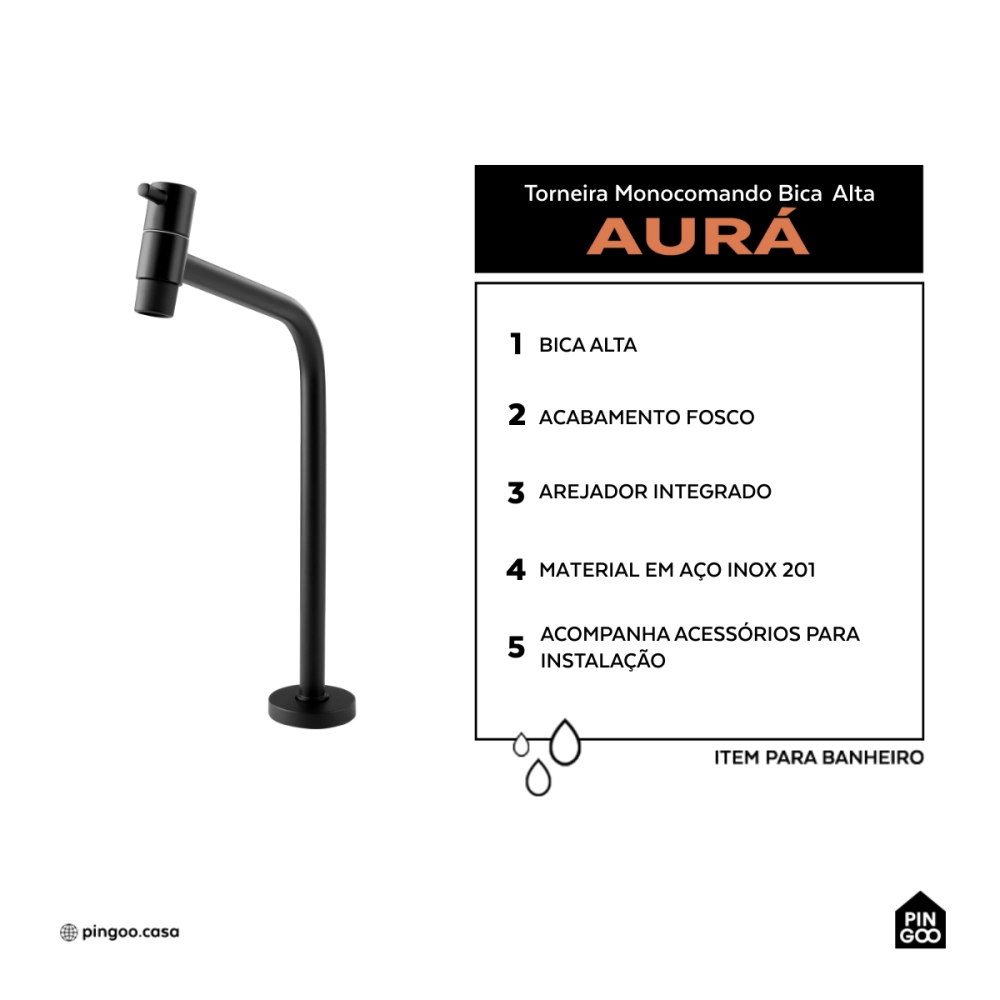 Torneira de banheiro monocomando alta Aurá Pingoo.casa - Preto