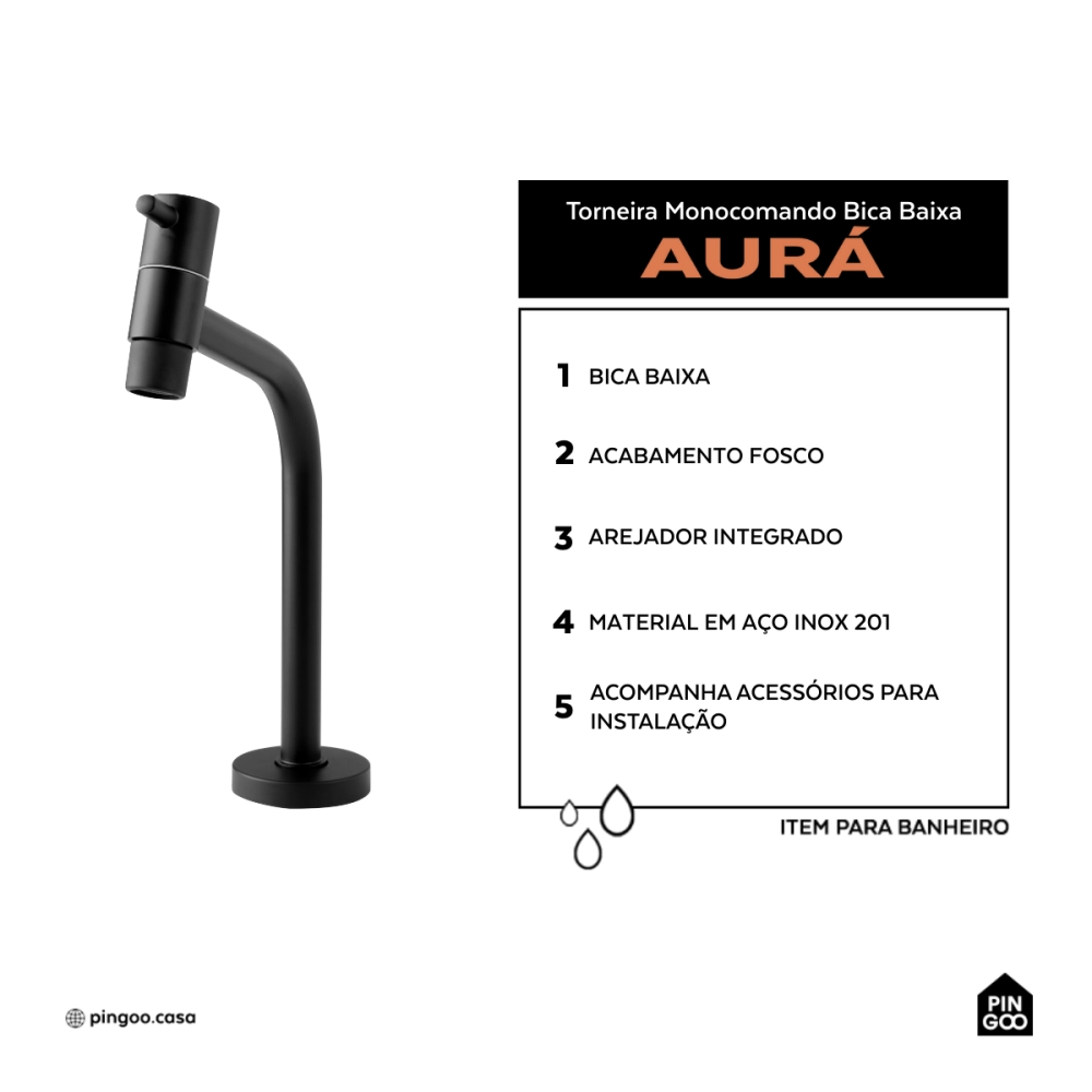 Torneira de banheiro monocomando baixa Aurá Pingoo.casa - Preto