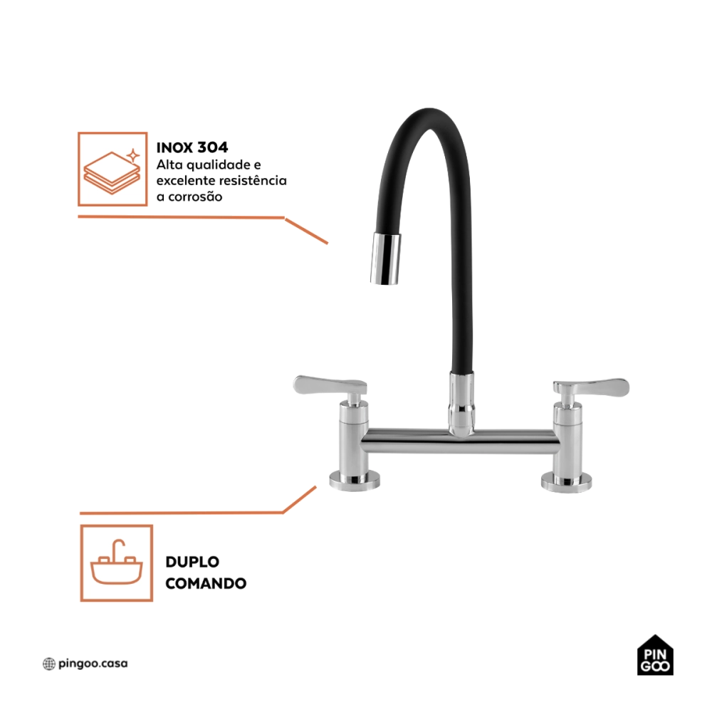 Torneira de cozinha flexivel misturador duplo comando Itaguari Pingoo.casa - Prata