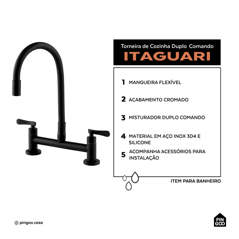Torneira de cozinha flexivel misturador duplo comando Itaguari Pingoo.casa - Preto