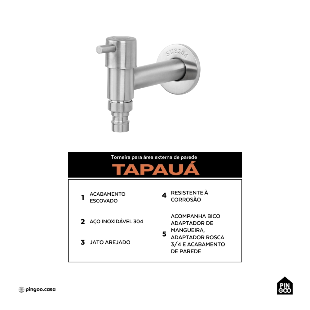 Torneira para área externa de parede Tapauá Pingoo.casa - Prata