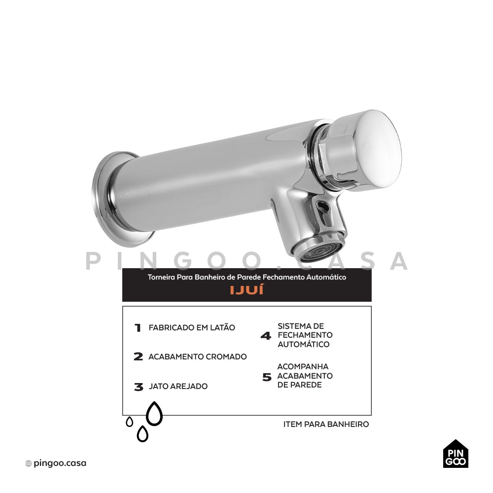Torneira Para Banheiro de Parede Fechamento Automático Ijuí Prata