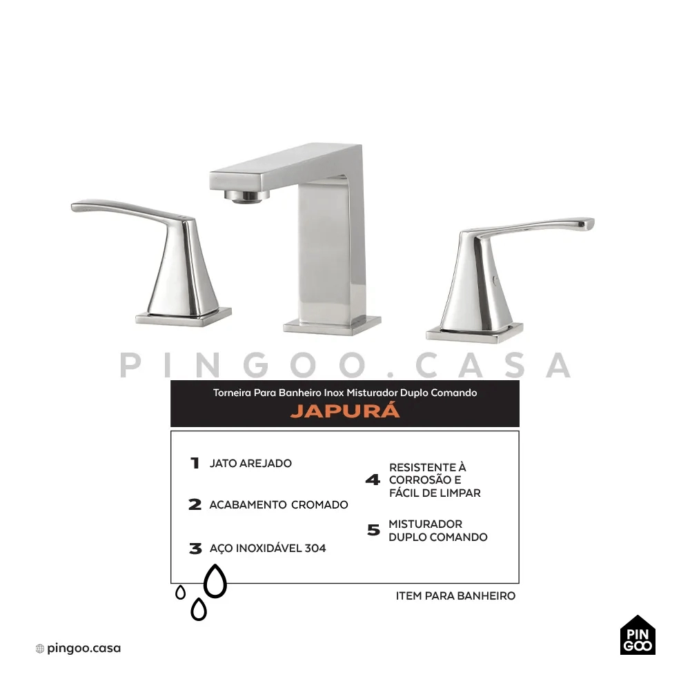 Torneira Para Banheiro Inox Misturador Duplo Comando Japurá Prata