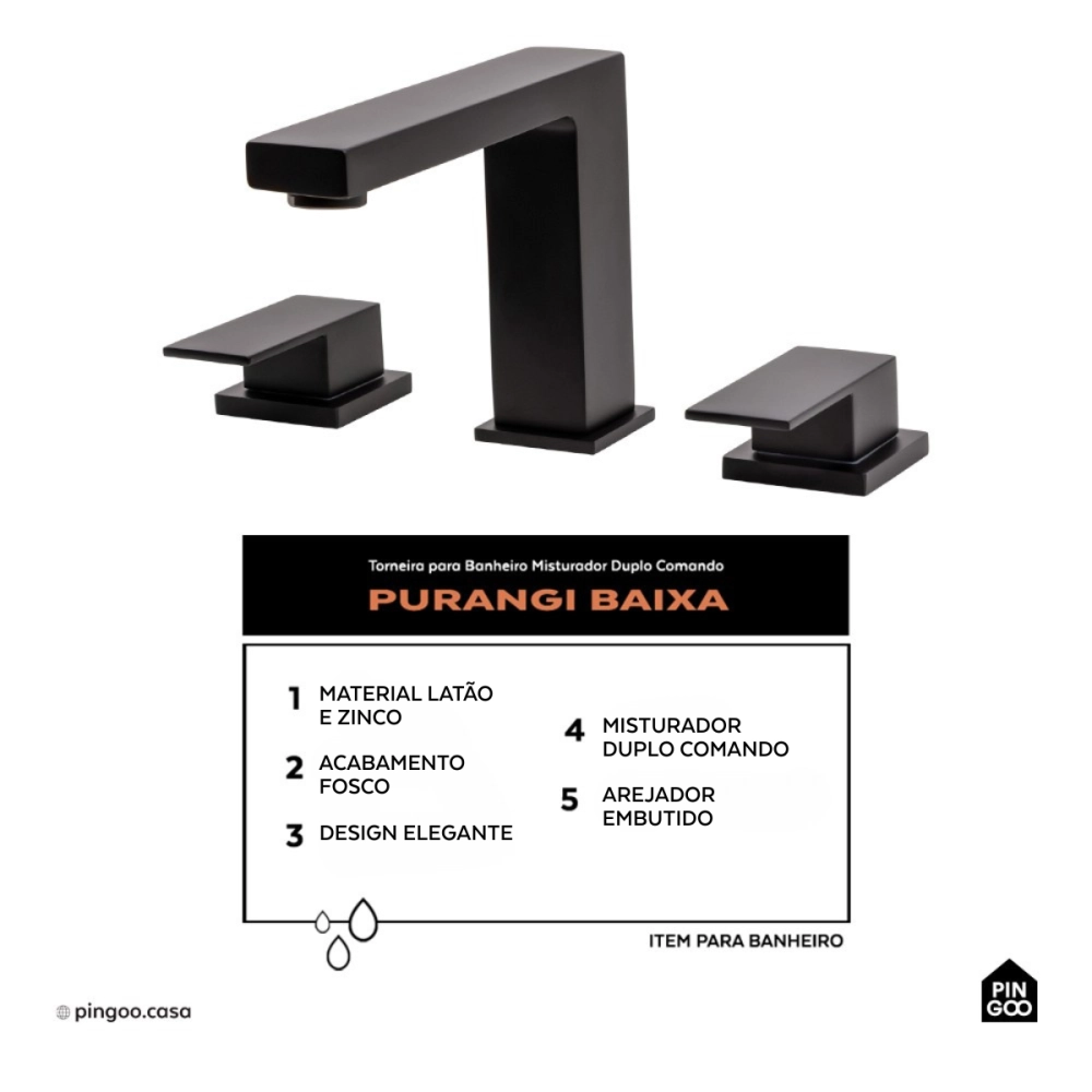 Torneira para Banheiro Misturador Duplo Comando Purangi Baixa - Preto