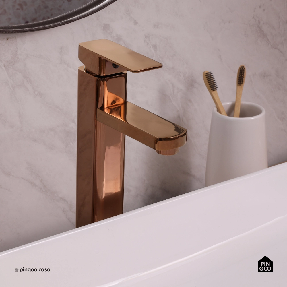 Torneira para Banheiro Misturador Monocomando Alta Madeira Dourado Rose