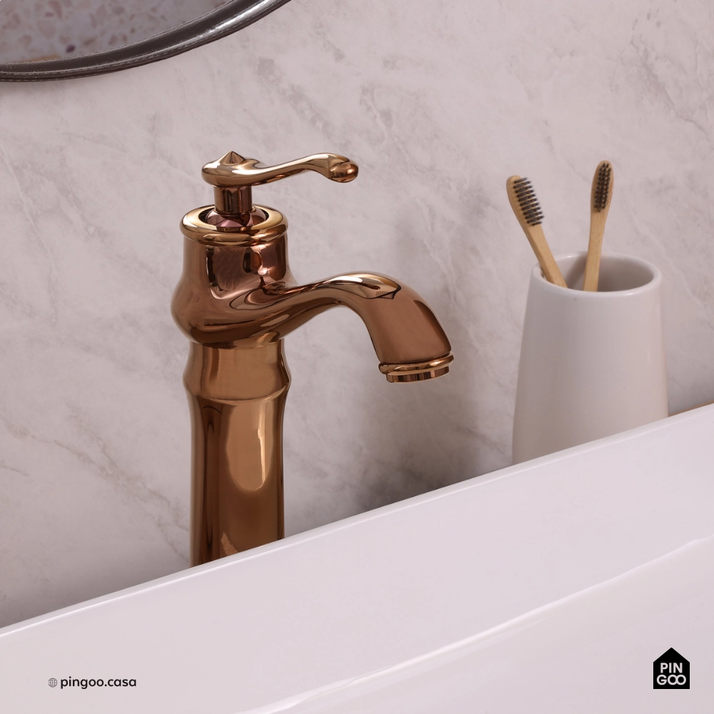 Torneira para Banheiro Misturador Monocomando Retrô Alta Acari Dourado Rose