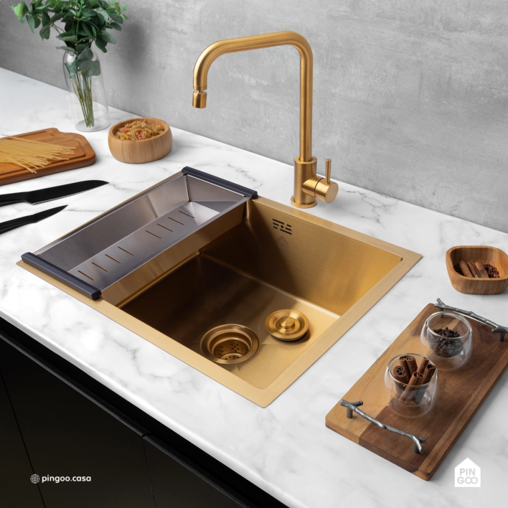 Torneira para Cozinha Em Aço Inox 304 Escovado Tinguá Dourado