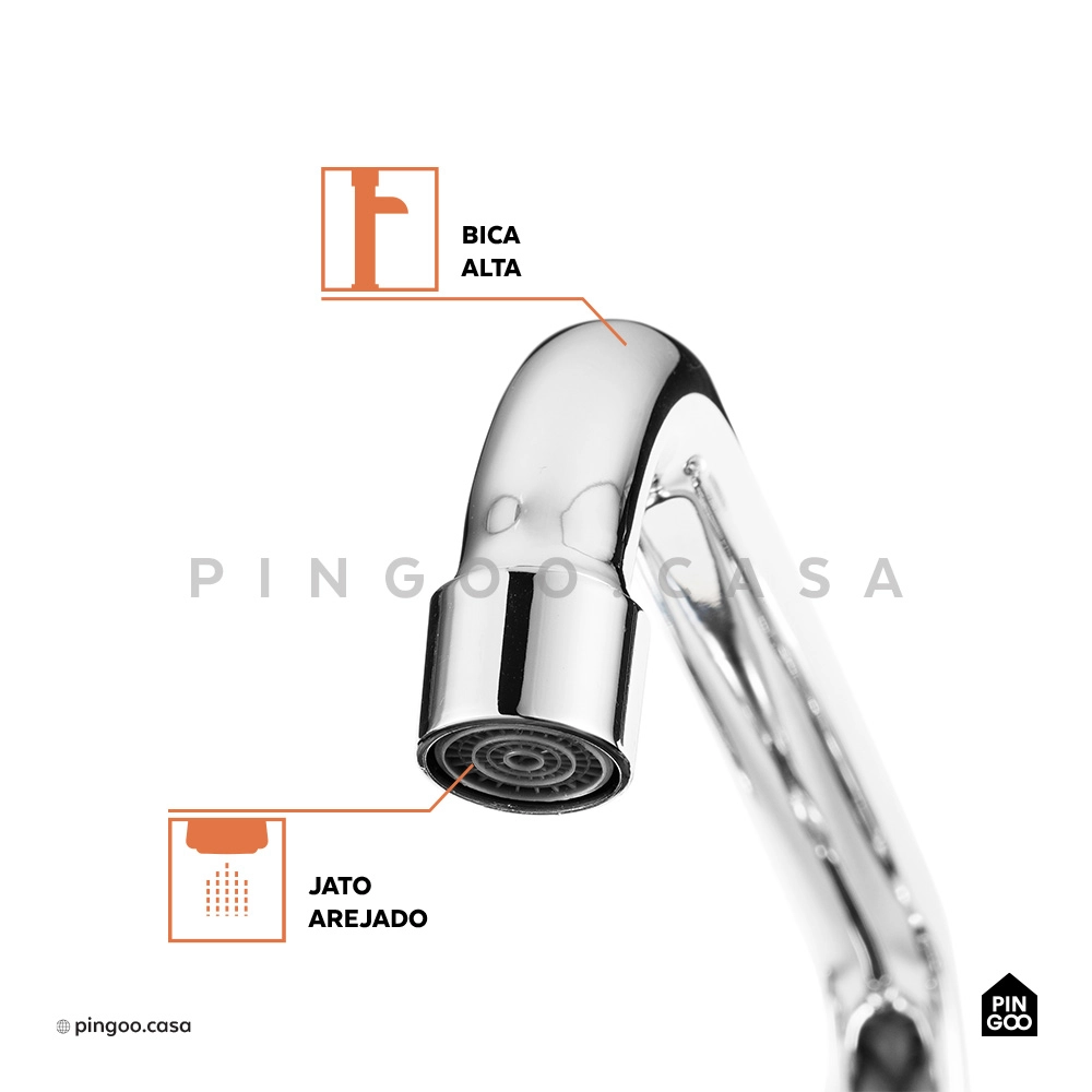 Torneira Para Cozinha Gourmet Inox Misturador de Parede Duplo Comando Paru Prata