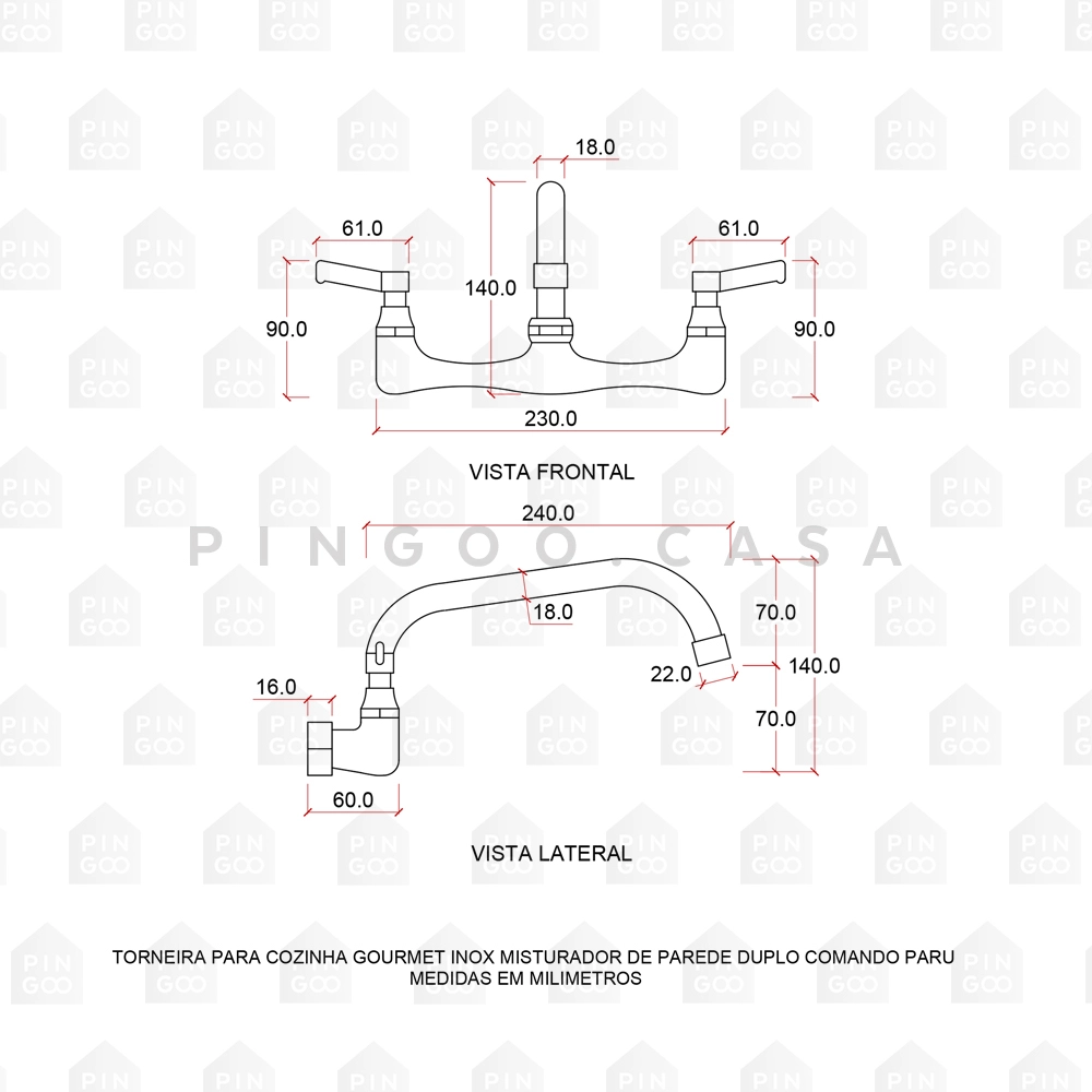 Torneira Para Cozinha Gourmet Inox Misturador de Parede Duplo Comando Paru Prata