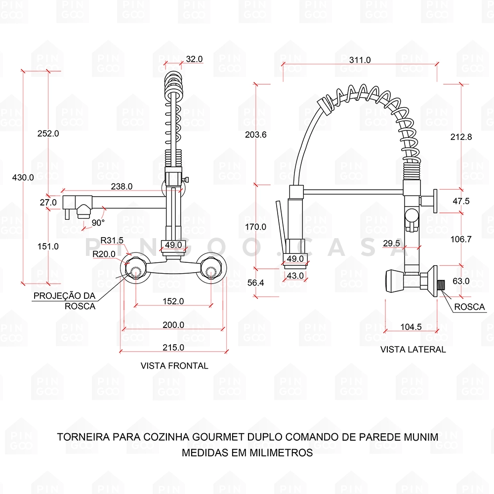 Torneira Para Cozinha Gourmet Misturador Duplo Comando De Parede Munim Preto