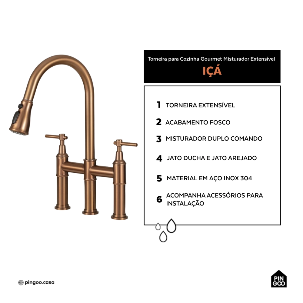 Torneira para Cozinha Gourmet Misturador Extensível Duplo Comando Aço Inox 304 Içá Dourado Rose Torneira para Cozinha Gourmet Misturador Extensível Duplo Comando Aço Inox 304 Içá Dourado Rose