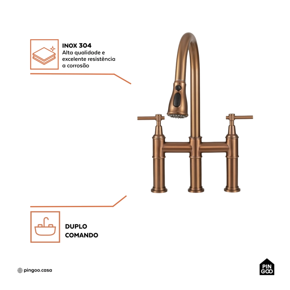 Torneira para Cozinha Gourmet Misturador Extensível Duplo Comando Aço Inox 304 Içá Dourado Rose Torneira para Cozinha Gourmet Misturador Extensível Duplo Comando Aço Inox 304 Içá Dourado Rose