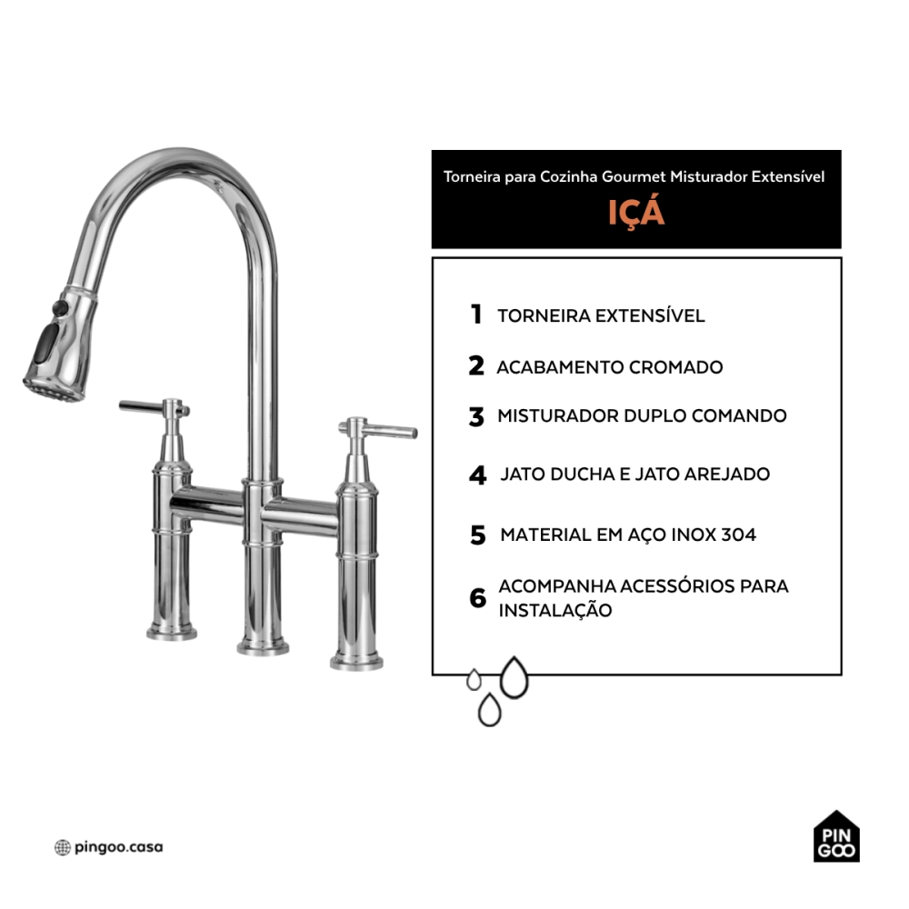 Torneira para Cozinha Gourmet Misturador Extensível Duplo Comando Aço Inox 304 Içá Prata Torneira para Cozinha Gourmet Misturador Extensível Duplo Comando Aço Inox 304 Içá Prata