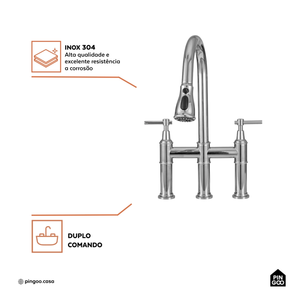 Torneira para Cozinha Gourmet Misturador Extensível Duplo Comando Aço Inox 304 Içá Prata Torneira para Cozinha Gourmet Misturador Extensível Duplo Comando Aço Inox 304 Içá Prata