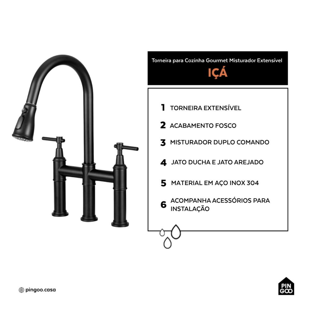 Torneira para Cozinha Gourmet Misturador Extensível Duplo Comando Aço Inox 304 Içá Preto Torneira para Cozinha Gourmet Misturador Extensível Duplo Comando Aço Inox 304 Içá Preto