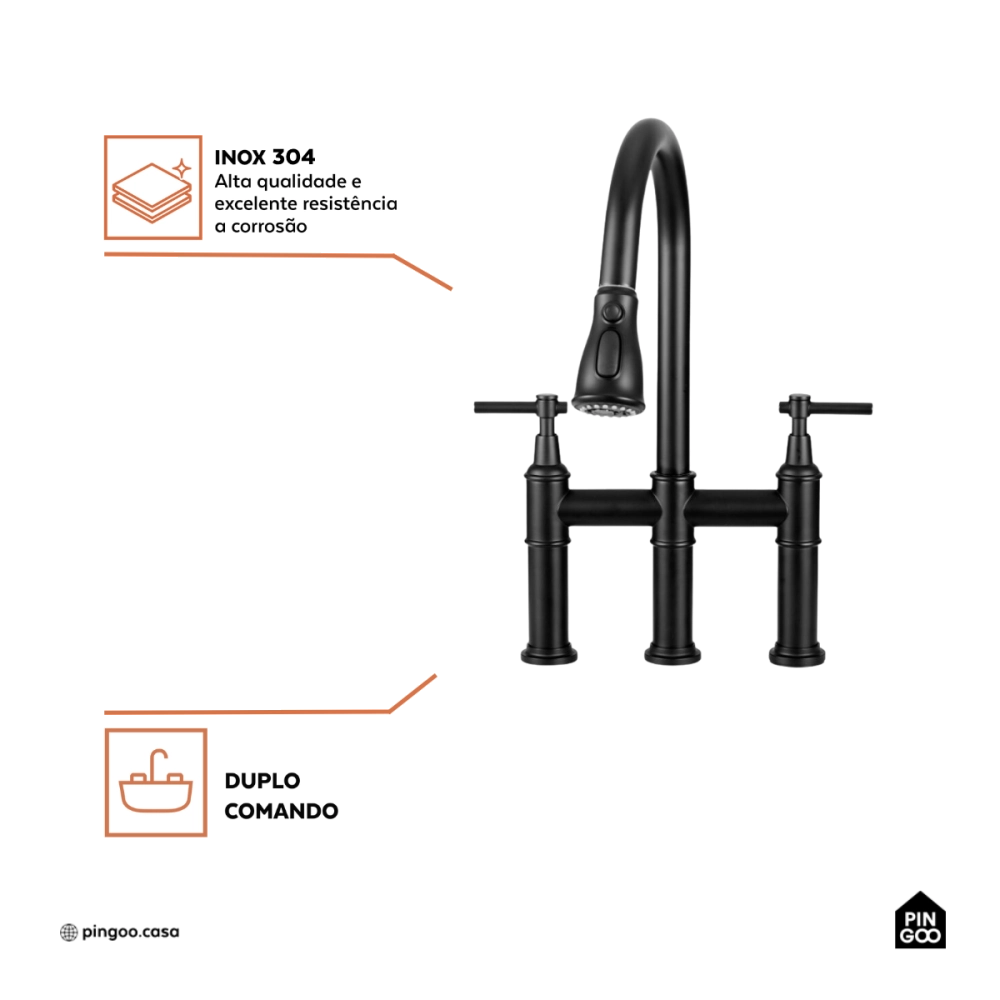 Torneira para Cozinha Gourmet Misturador Extensível Duplo Comando Aço Inox 304 Içá Preto Torneira para Cozinha Gourmet Misturador Extensível Duplo Comando Aço Inox 304 Içá Preto