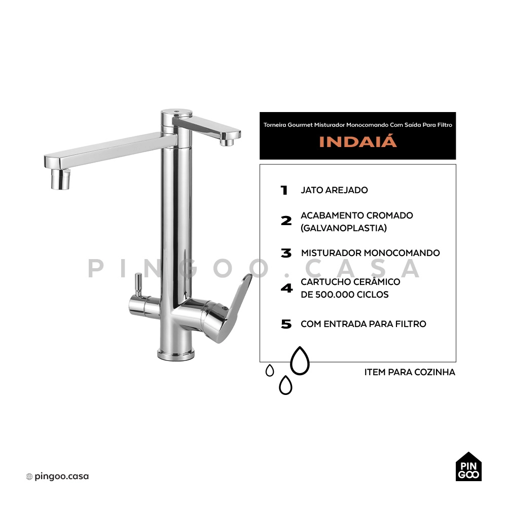 Torneira Para Cozinha Gourmet Misturador Monocomando Com Saída Para Filtro Indaiá Prata