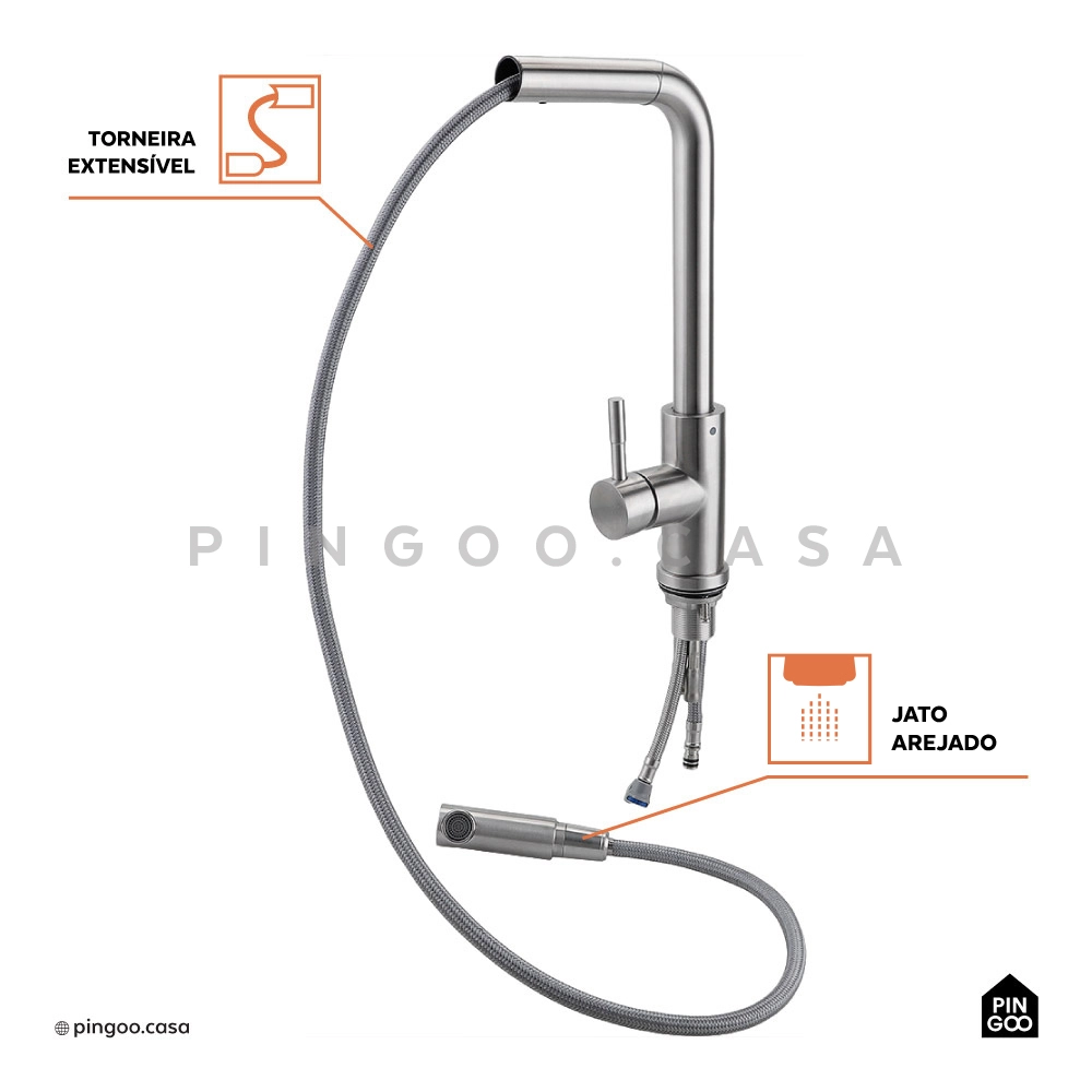 Torneira para Cozinha Gourmet Misturador Monocomando Extensível Aço Inox 304 Gurupi Prata Escovado