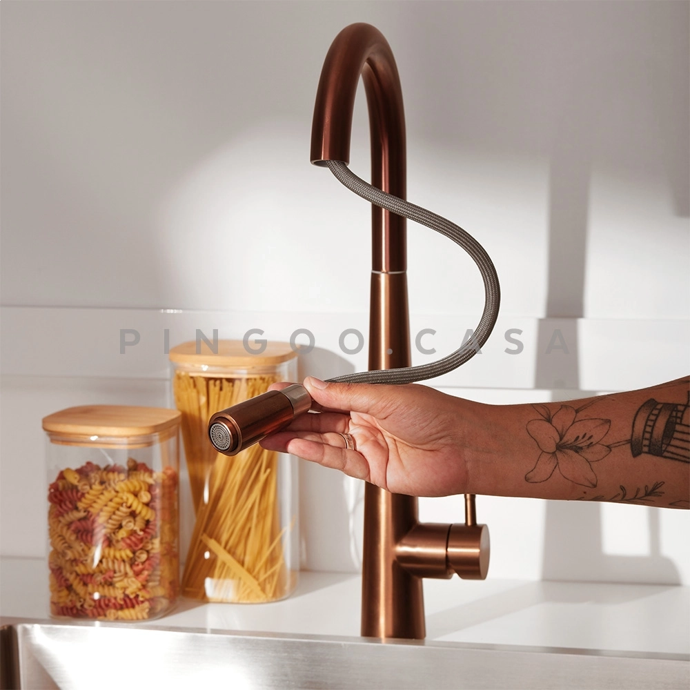 Torneira para Cozinha Gourmet Misturador Monocomando Extensível Em Aço Inox 304 Escovado Apurema Cobre