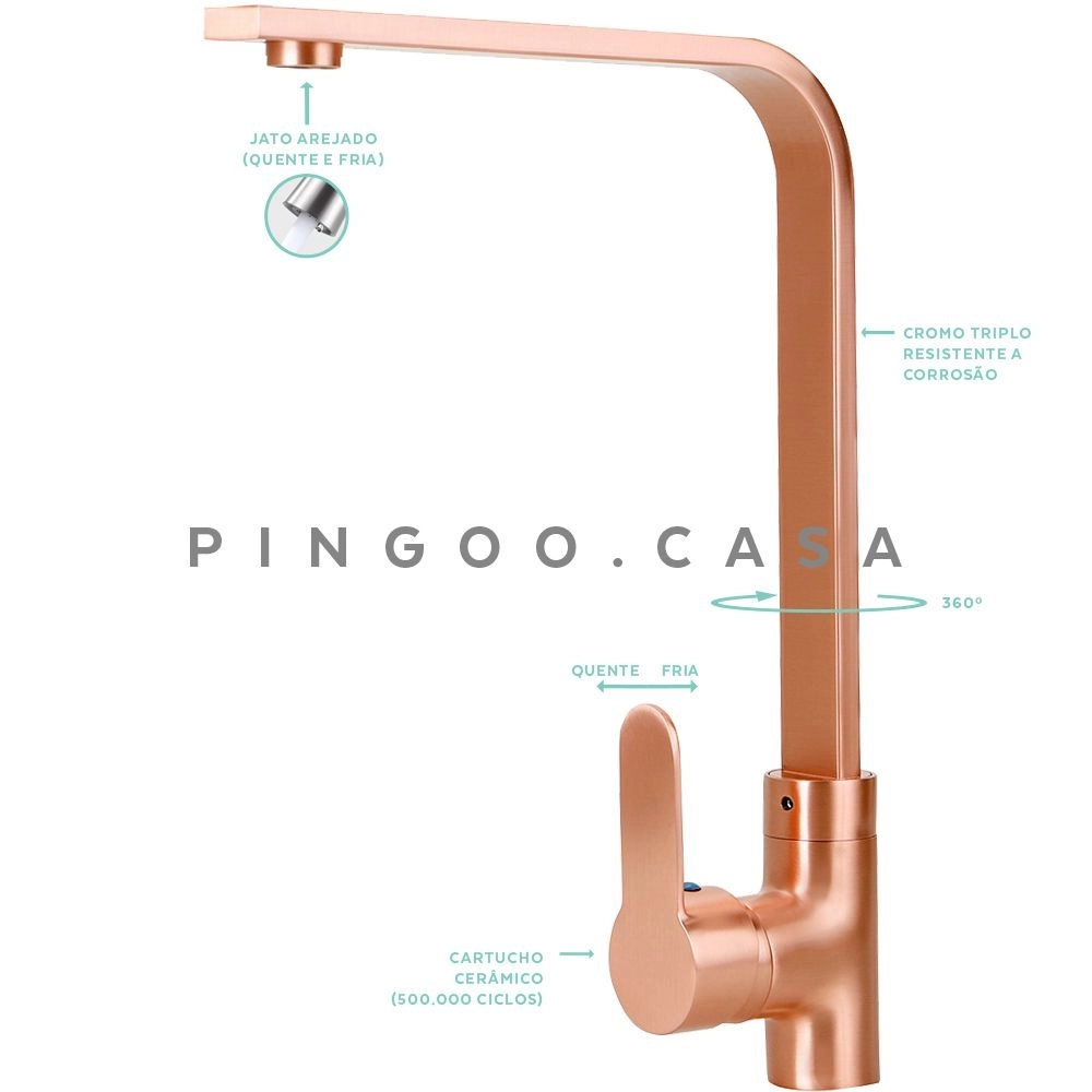 Torneira para Cozinha Gourmet Misturador Monocomando Tapajós Dourado Rose