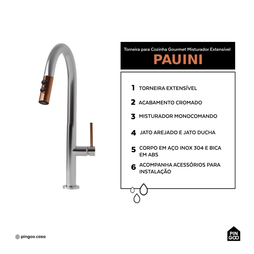 Torneira Para Cozinha Misturador Monocomando Aço Inox 304 Pauini Pingoo.casa - Prata e Dourado Rose