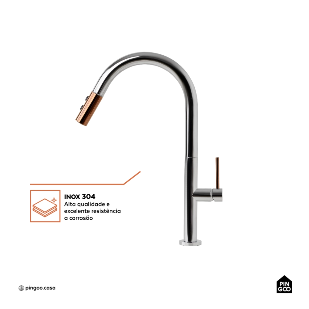 Torneira Para Cozinha Misturador Monocomando Aço Inox 304 Pauini Pingoo.casa - Prata e Dourado Rose