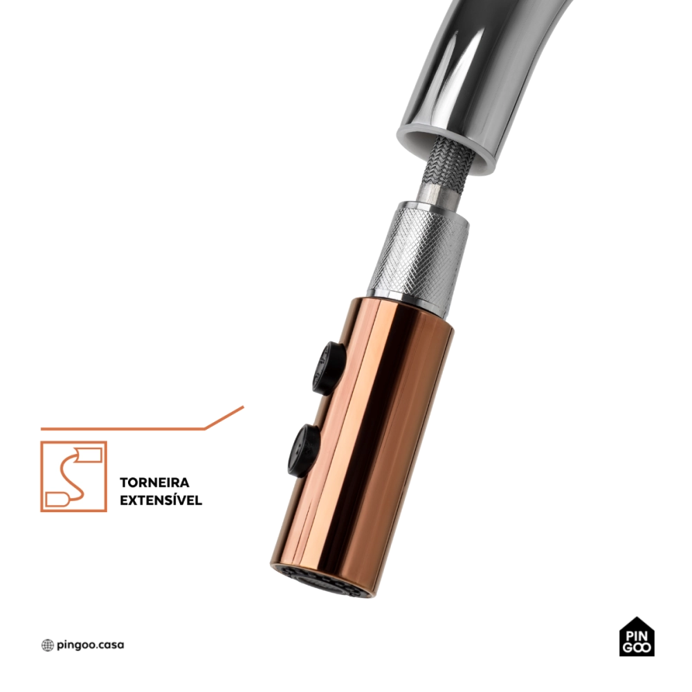 Torneira Para Cozinha Misturador Monocomando Aço Inox 304 Pauini Pingoo.casa - Prata e Dourado Rose